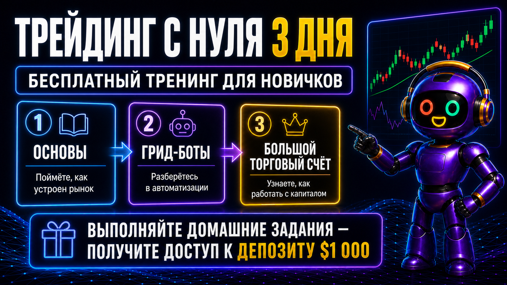 Трейдинг с нуля за 3 дня: основы, GRID-боты и работа с торговым счётом
